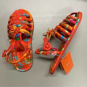 Farm Rio Sandal Flat Tropical Tube Strap Buckle Beaded Orange Size 7 NIB